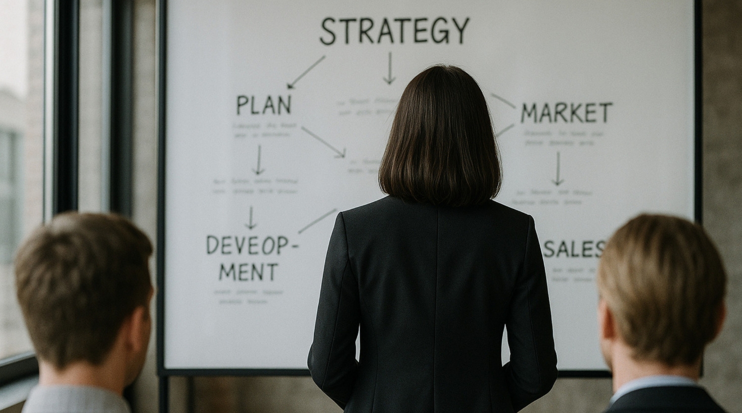 A marketing strategist presenting an automotive sales growth plan involving market development and sales strategy to a team.