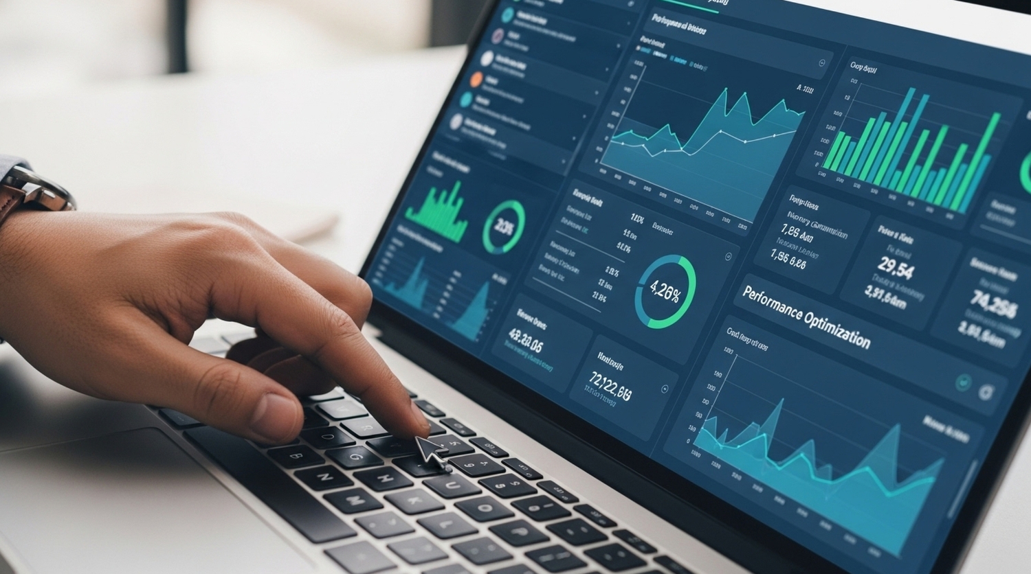Close-up of a marketing professional analyzing a performance optimization dashboard for an automotive retargeting campaign.
