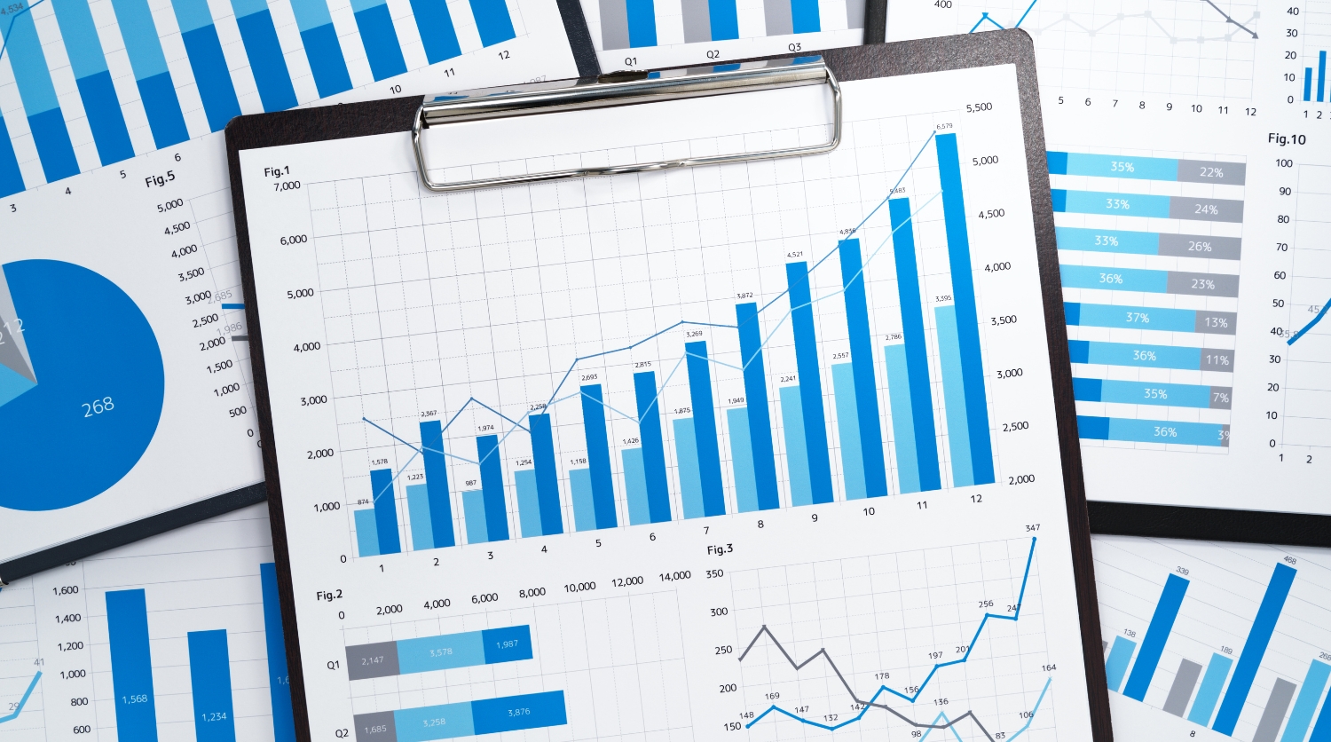 A matchback report on a clipboard showing a series of increasing bar graphs representing automotive sales growth and ROI.